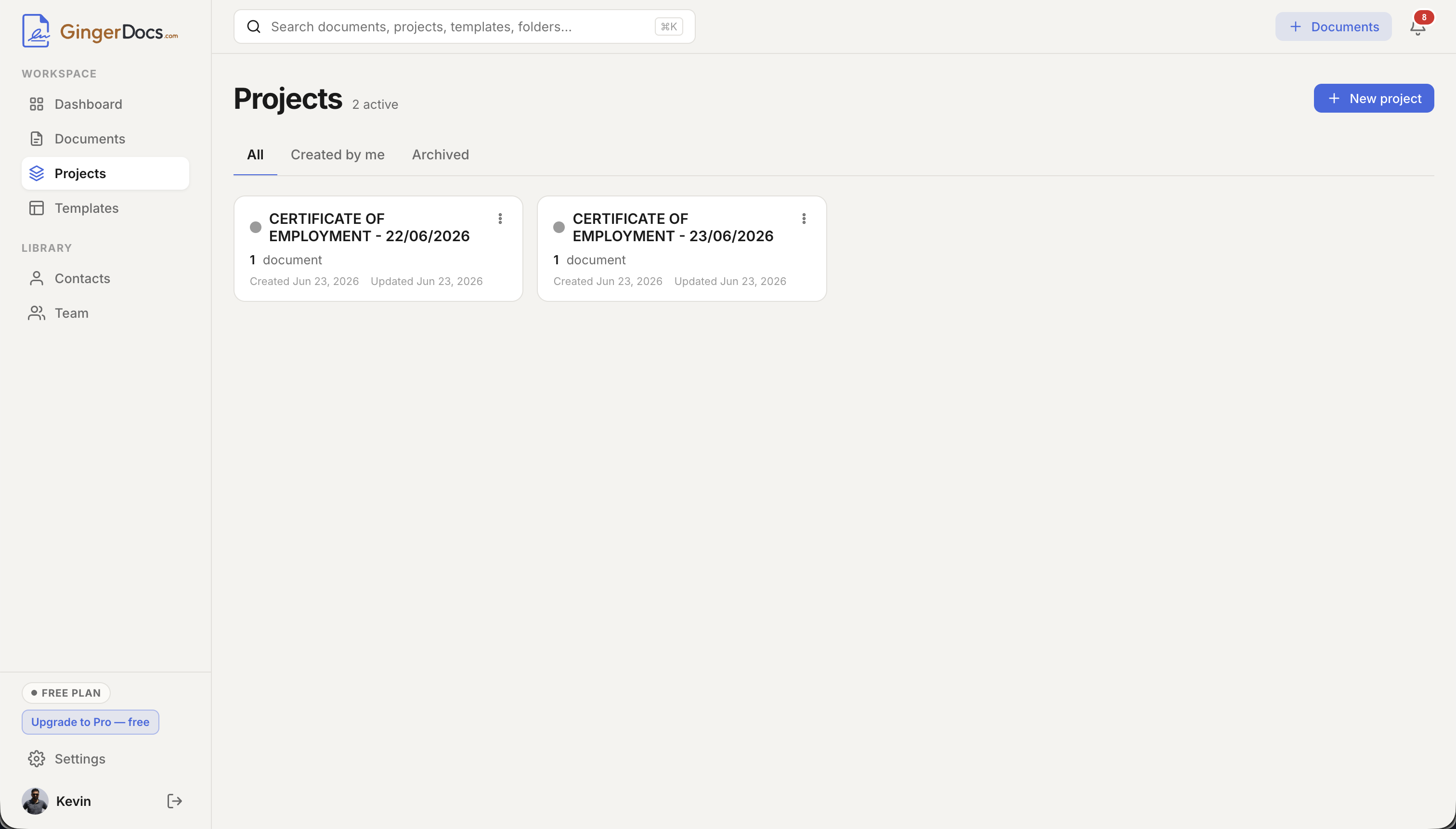 The Projects library showing project cards with colour dots and document counts, the All / Created by me / Archived tabs, and a New project button