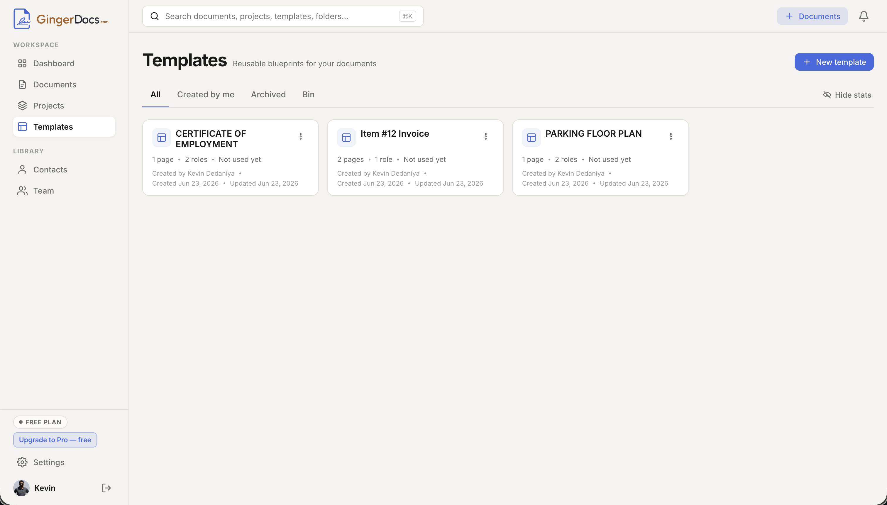 The GingerDocs Templates library: three template cards showing page count, role count, and usage, with All / Created by me / Archived / Bin tabs and a New template button